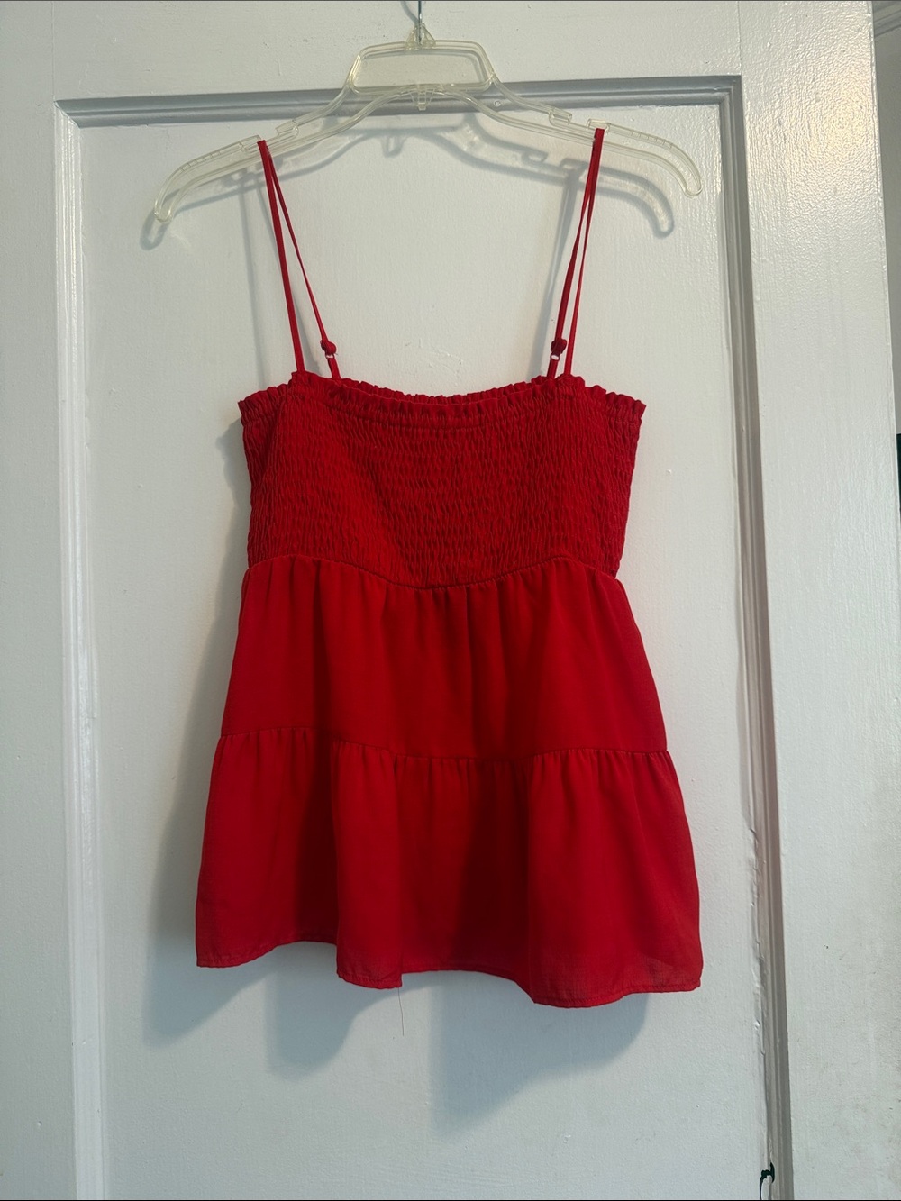 Paper Crane Red Smocked Tiered Spaghetti Strap  Top